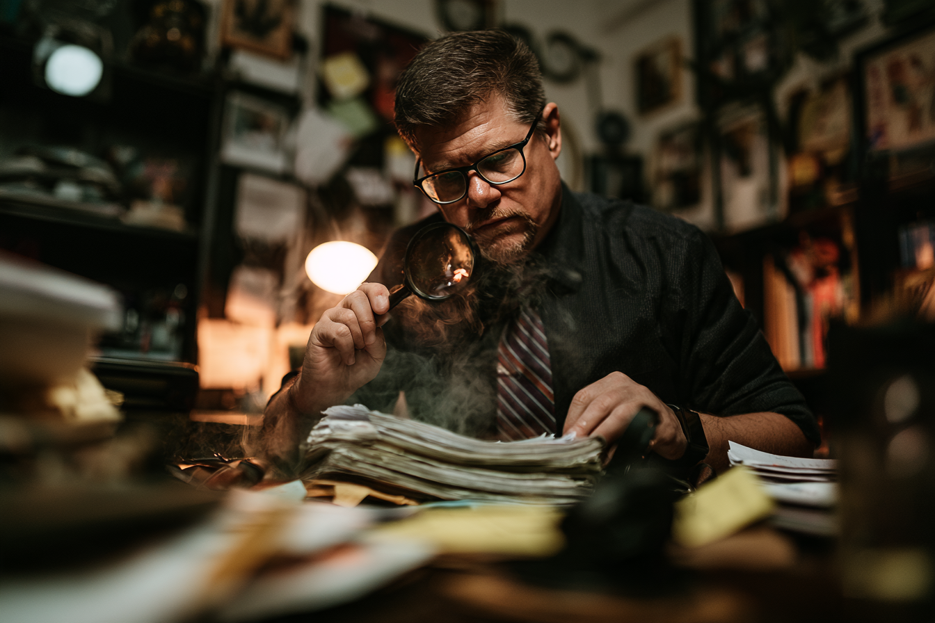 A man at a cluttered desk inspects a stack of papers through a magnifying glass while a page begins to burn