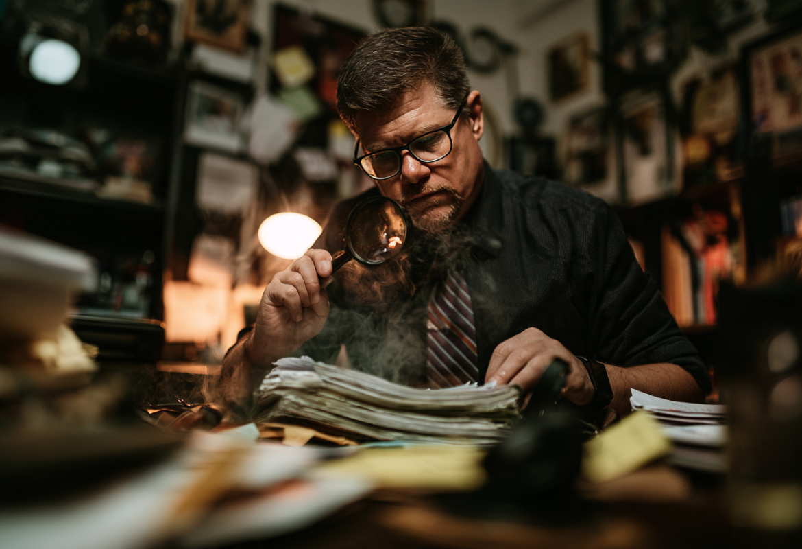 A man at a cluttered desk inspects a stack of papers through a magnifying glass while a page begins to burn